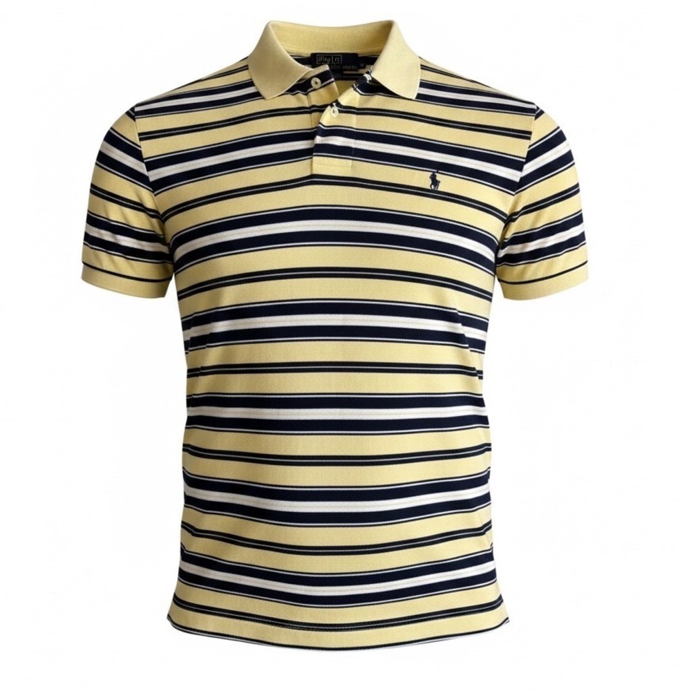 Polo Ralph Lauren Mens Medium Yellow Navy Blue Striped Cotton Polo Shirt Pony